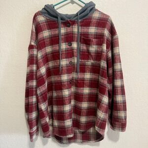 Women's Plaid Flannel Hoodie Shirt Jacket Oversized XL Red Gray Tan Button Up
